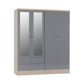 Nevada 4 Door 2 Drawer Mirrored Wardrobe - L52 x W154 x H182.5 cm - Grey Gloss/Light Oak Effect Veneer