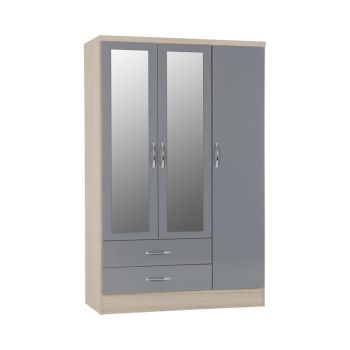 Nevada 3 Door 2 Drawer Mirrored Wardrobe - L52 x W116 x H182.5 cm - Grey Gloss/Light Oak Effect Veneer