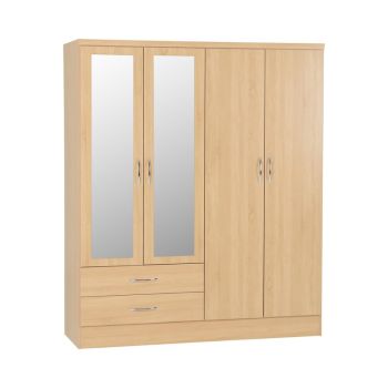 Nevada 4 Door 2 Drawer Mirrored Wardrobe - L52 x W154 x H182.5 cm - Sonoma Oak Effect