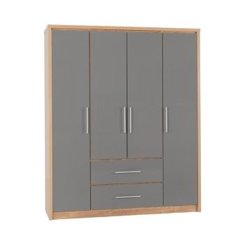 Seville 4 Door 2 Drawer Wardrobe - L47 x W148.5 x H179.5 cm - Grey High Gloss/Light Oak Effect Veneer