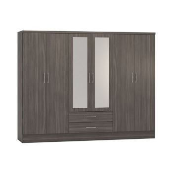 Nevada 6 Door 2 Drawer Mirrored Wardrobe - L52 x W230 x H182.5 cm - Black Wood Grain