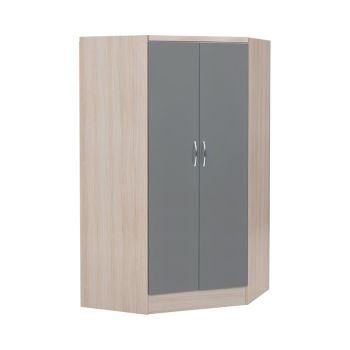 Nevada 2 Door Corner Wardrobe - L108 x W143 x H182.5 cm - Grey Gloss/Light Oak Effect Veneer
