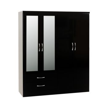 Nevada 4 Door 2 Drawer Mirrored Wardrobe - L52 x W154 x H182.5 cm - Black Gloss