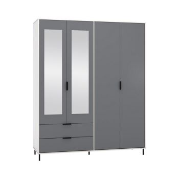 Madrid 4 Door 2 Drawer Mirrored Wardrobe - L52 x W160 x H196 cm - Grey/White Gloss
