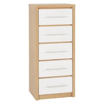 Seville 5 Drawer Narrow Chest of Drawers - L39.5 x W110.5 x H47 cm - White High Gloss/Light Oak