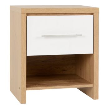 Seville 1 Drawer Bedside Table - L39 x W56 x H47 cm - White High Gloss/Light Oak