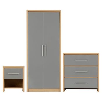 Seville Bedroom Furniture Set - L47 x W180 x H76 cm - Grey High Gloss/Light Oak