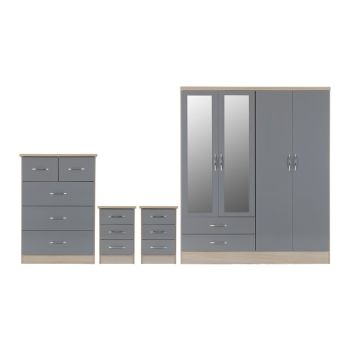 Nevada 4 Door 2 Drawer Mirrored Wardrobe Bedroom Set - Grey Gloss/Light Oak Effect Veneer