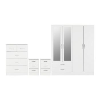 Nevada 4 Door 2 Drawer Mirrored Wardrobe Bedroom Set - White Gloss