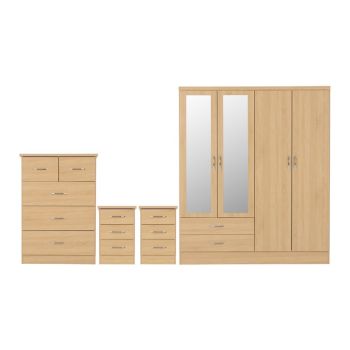 Nevada 4 Door 2 Drawer Mirrored Wardrobe Bedroom Set - Sonoma Oak Effect