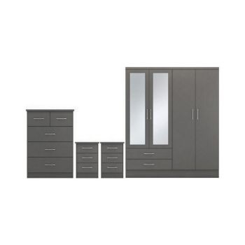 Nevada 4 Door 2 Drawer Mirrored Wardrobe Bedroom Set - 3D Effect Grey