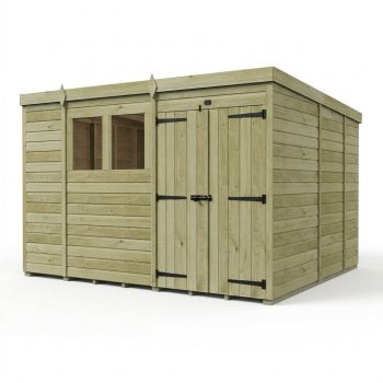 10ft x 9ft Pent Garden Shed Double Door With Windows - Pressure Treated Timber - L305 x W274 x H210 cm - Natural