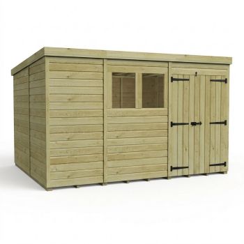 11ft x 10ft Pent Garden Shed Double Door With Windows - Pressure Treated Timber - L335 x W305 x H210 cm - Natural
