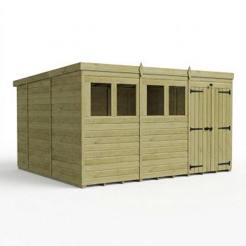 12ft x 10ft Pent Garden Shed Double Door With Windows - Pressure Treated Timber - L366 x W305 x H210 cm - Natural