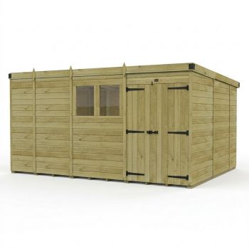 13ft x 10ft Pent Garden Shed Double Door With Windows - Pressure Treated Timber - L396 x W305 x H210 cm - Natural
