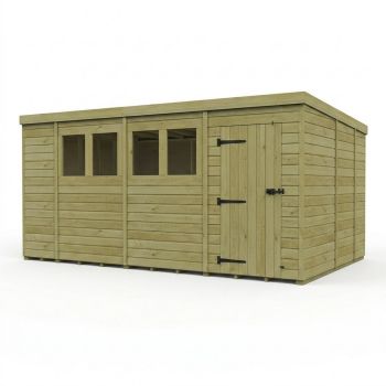 14ft x 9ft Pent Garden Shed Single Door With Windows - Pressure Treated Timber - L427 x W274 x H210 cm - Natural