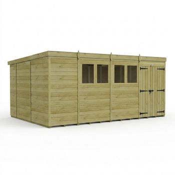 15ft x 10ft Pent Garden Shed Double Door With Windows - Pressure Treated Timber - L457 x W305 x H210 cm - Natural