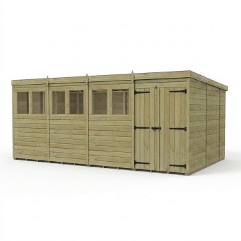 16ft x 10ft Pent Garden Shed Double Door With Windows - Pressure Treated Timber - L488 x W305 x H210 cm - Natural