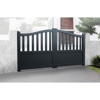 Double Swing Gate 3750x1800mm Black - Partial Privacy Driveway Gate with Vertical Solid Infill and Bell-Curved Top