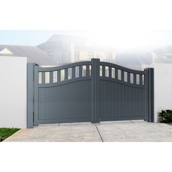 Double Swing Gate 3750x2200mm Grey - Vertical Solid Infill and Bell-Curved Top Full Privacy Driveway Gate