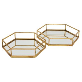 Hexagon Set of Two Trays - Glass/Metal - L43 x W50 x H9 cm - Gold