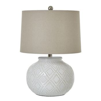 Squat Beaded Lamp with Linen Shade - Ceramic - L38 x W38 x H56 cm - White