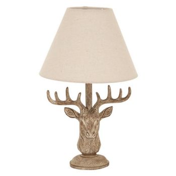 Stonewashed Stag Head Table Lamp with Linen Shade - Resin - L20 x W20 x H45 cm - Brown