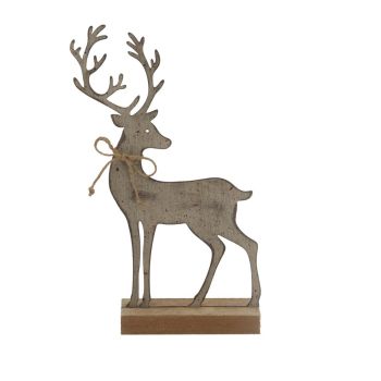 Rustic Reindeer on Wood Stand - Christmas Decoration - Metal - L4 x W16 x H24 cm - Brown