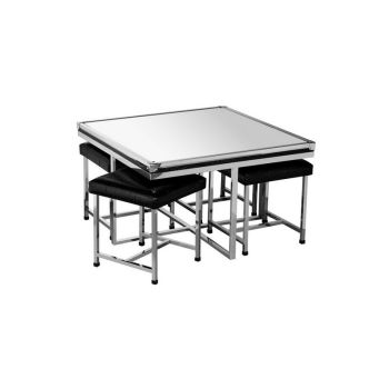 Carla 5 Piece Crocodile Leather Effect Table and Stool Set - Glass/Synthetic/Metal - L90 x W90 x H53.5 cm - Black/Silver