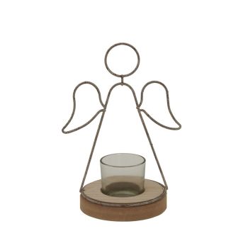 Rustic Outline Angel Tealight on Stand with Glass Votive - Metal - L9 x W13 x H19 cm - Brown