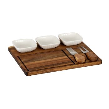 Acacia Cheese Board Set with White Ceramic Bowls And Cutlery - L22 x W27 x H3 cm - Brown