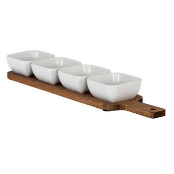 Acacia Serving Board including Four Ceramic Serving Bowls - L8 x W40 x H4 cm - Brown