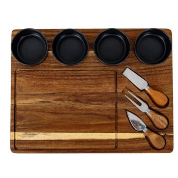 Acacia Cheese Board Set with Grey Ceramic Bowls and Cutlery - L30 x W39 x H5 cm - Brown