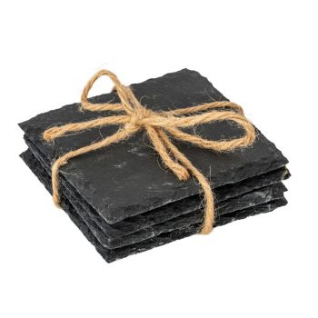 Square Slate Coasters (Set of 4) - Stone - L10 x W10 x H4 cm - Black