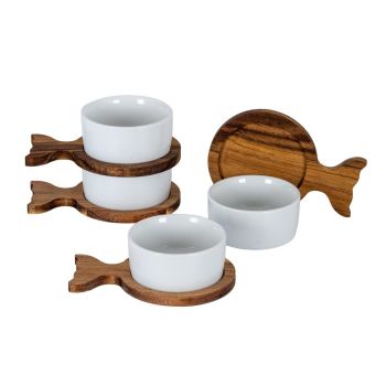 Acacia Fishtail Serving Trays (Set of 4) with Bowls - Ceramic - L9 x W13 x H4 cm - Brown