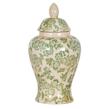 Green Clover Ceramic Ginger Jar - Ceramic - L16 x W16 x H32 cm - White
