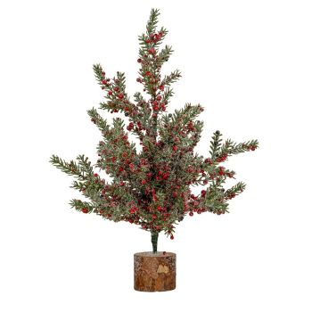 Large Frosted Winter Berry Tree On Wooden Block - Plastic - H52 cm - Green
