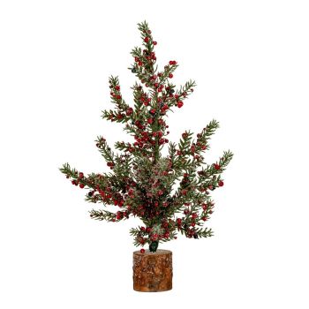 Medium Frosted Winter Berry Tree On Wooden Block - Plastic - H45 cm - Green