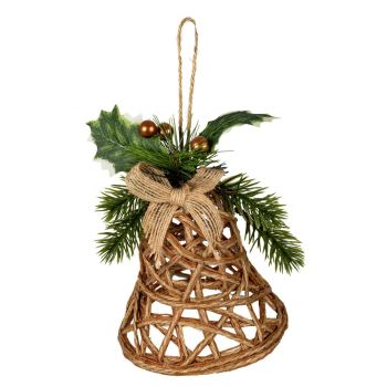 Natural Rattan Bell Decoration with Branches And Ribbon - Plastic - L11 x W11 x H15 cm - Brown