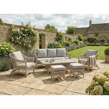 COTSWOLD - Wicker 3 Seater Sofa Set with 2 Stools and Rectangular Height Adjust Table