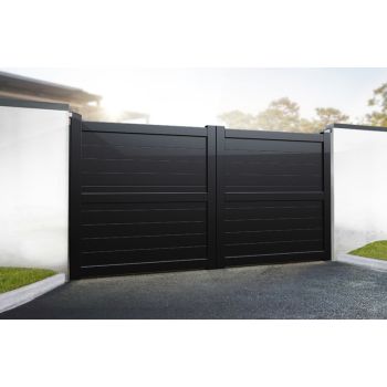Double Swing Gate - 4000x2200mm - Black - Horizontal Solid Infill and Flat Top, Full Privacy Driveway Gate