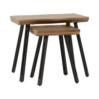 Quebec Wave Edge Nest of Tables - L40 x W60 x H50.5 cm - Medium Oak Effect/Black