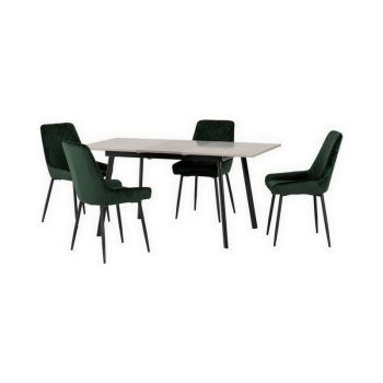 Avery Extending Dining Set with Avery Chairs - Concrete/Grey Oak Effect/Black/Emerald Green Velvet