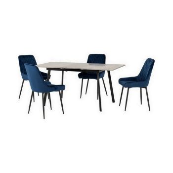 Avery Extending Dining Set with Avery Chairs - Concrete/Grey Oak Effect/Black/Sapphire Blue Velvet