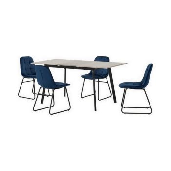 Avery Extending Dining Set with Lukas Chairs - Concrete/Grey Oak Effect/Black/Sapphire Blue Velvet