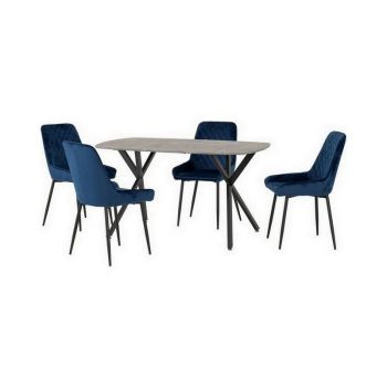 Athens Rectangular Dining Set with Avery Chairs - Concrete Effect/Black/Sapphire Blue Velvet