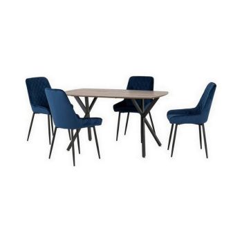 Athens Rectangular Dining Set with Avery Chairs - Medium Oak Effect/Black/Sapphire Blue Velvet