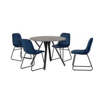 Athens Round Dining Set with Lukas Chairs - Concrete Effect/Black/Sapphire Blue Velvet