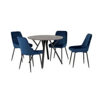 Athens Round Dining Set with Avery Chairs - Concrete Effect/Black/Sapphire Blue Velvet