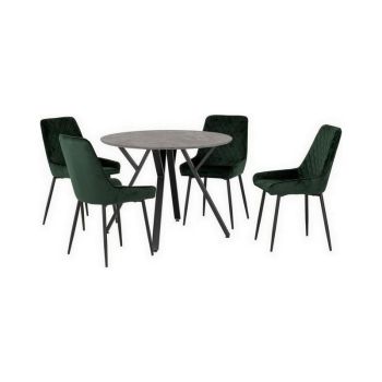 Athens Round Dining Set with Avery Chairs - Concrete Effect/Black/Emerald Green Velvet